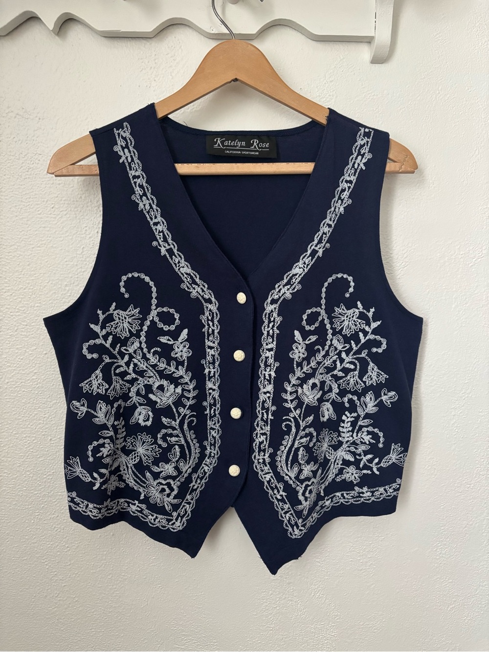 Vintage Western Floral Print Vest Boho Festival Coastal Cowgirl Navy Tie Back